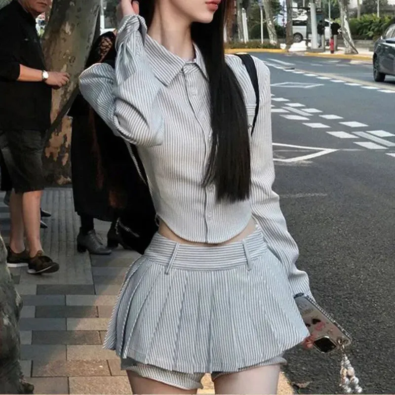 Amozae-American Style Preppy Striped Long Sleeve Shirt High-waisted Skort Set For Women Spring Autumn 2024 Fashion