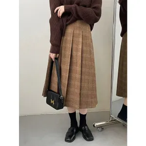 Amozae-Autumn Casual Outfits Amozae-Plaid Pleated Woolen Midi Skirt For Women High Waisted A-line Skirt