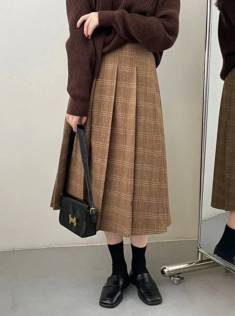 Amozae-Autumn Casual Outfits Amozae-Plaid Pleated Woolen Midi Skirt For Women High Waisted A-line Skirt