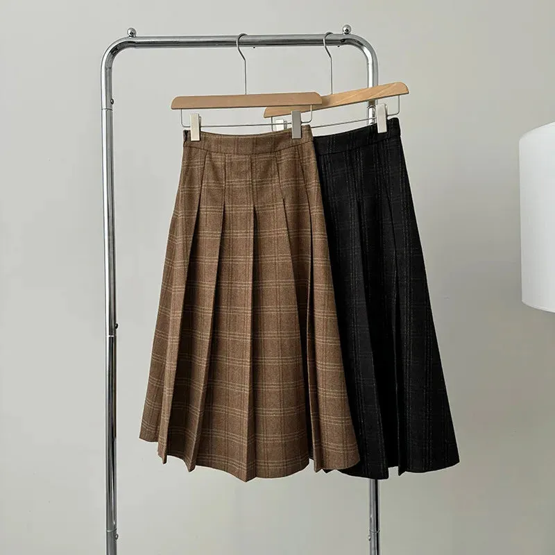 Amozae-Autumn Casual Outfits Amozae-Plaid Pleated Woolen Midi Skirt For Women High Waisted A-line Skirt