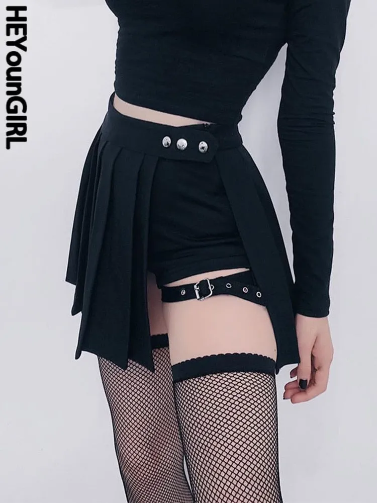 Amozae Gothic Harajuku Pleated Skirts Women With Leg Ring Black High Waist Short Skirt Summer Punk Casual Mini Skirt Ladies