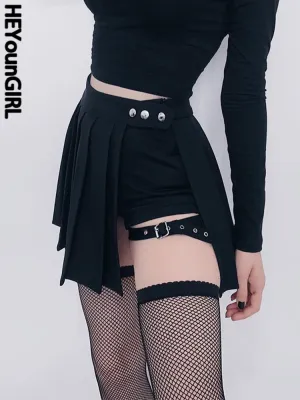 Amozae Gothic Harajuku Pleated Skirts Women With Leg Ring Black High Waist Short Skirt Summer Punk Casual Mini Skirt Ladies