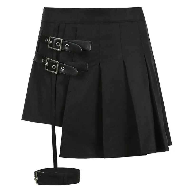 Amozae Gothic Harajuku Pleated Skirts Women With Leg Ring Black High Waist Short Skirt Summer Punk Casual Mini Skirt Ladies