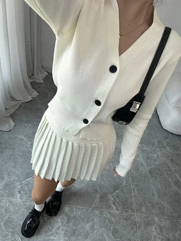 Amozae Vintage Female Knit 2 Piece-Set Pleated Skirts Casual Ribbed Cardigan Sweater And Skirt Sets Female Knitwear Outfits 2024