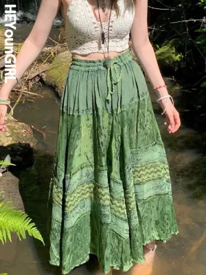 Amozae- Vintage Green Women Long Skirt Aesthetic Graphic Print Hight Waist Cute Casual Midi Skirts Grunge Sweet Lady Outfits