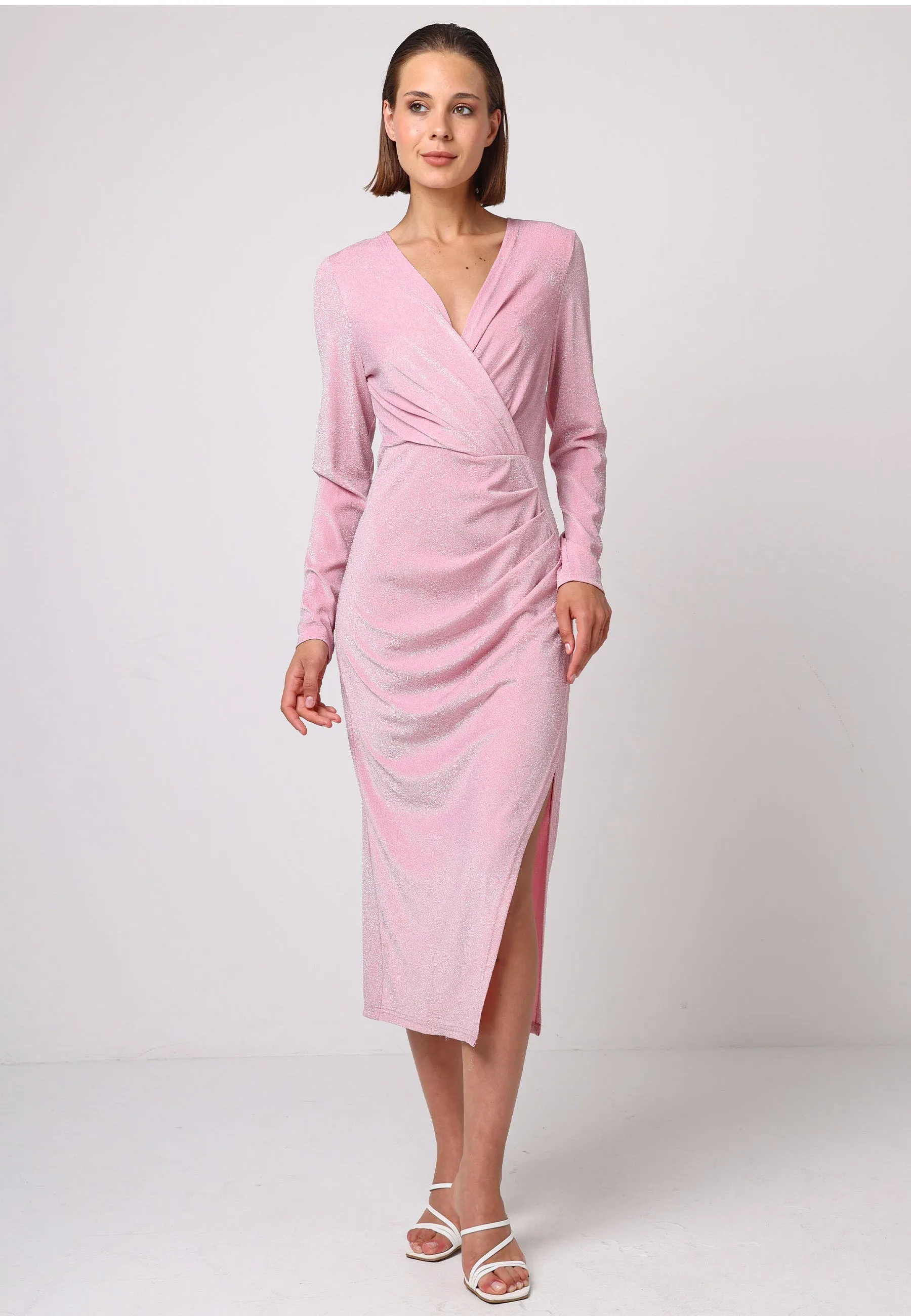 Angeleye Metallic Long Sleeve Faux Wrap Midi Dress