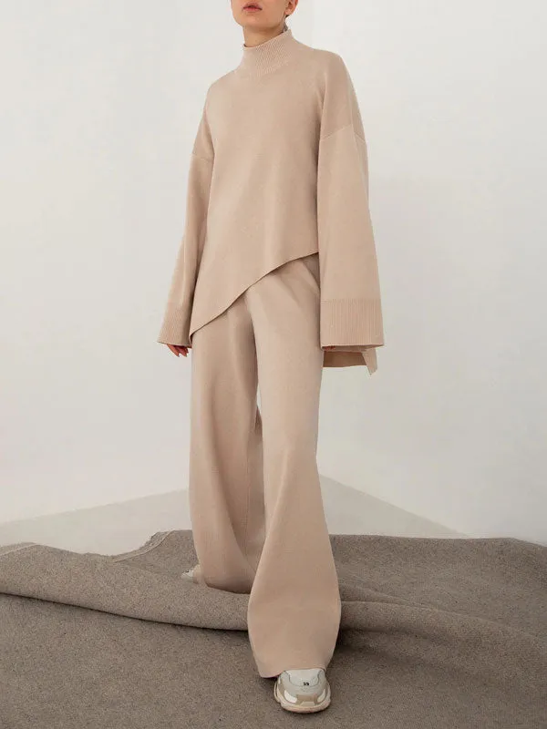 Asymmetrical Hem Turtleneck Knit Loungewear Set