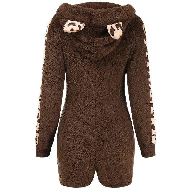 Autumn Winter Women's Fluffy Tight-fitting Leopard Print Jumpsuit