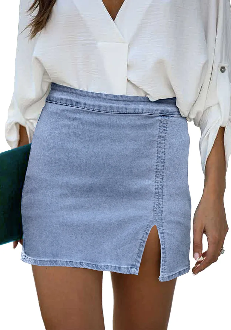 Azure Mood Women's Brief Pencil High Waist Bodycon Denim Mini Slit Skirts