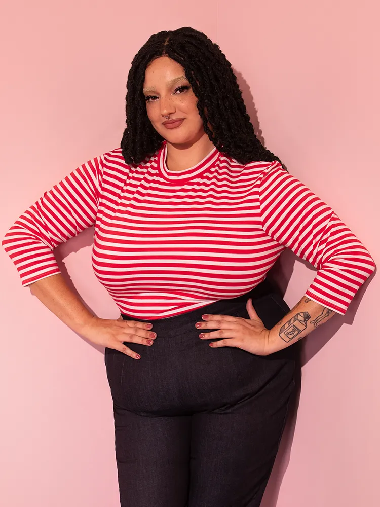 Bad Girl 3/4 Sleeve Top in Red and White Stripes - Vixen by Micheline Pitt