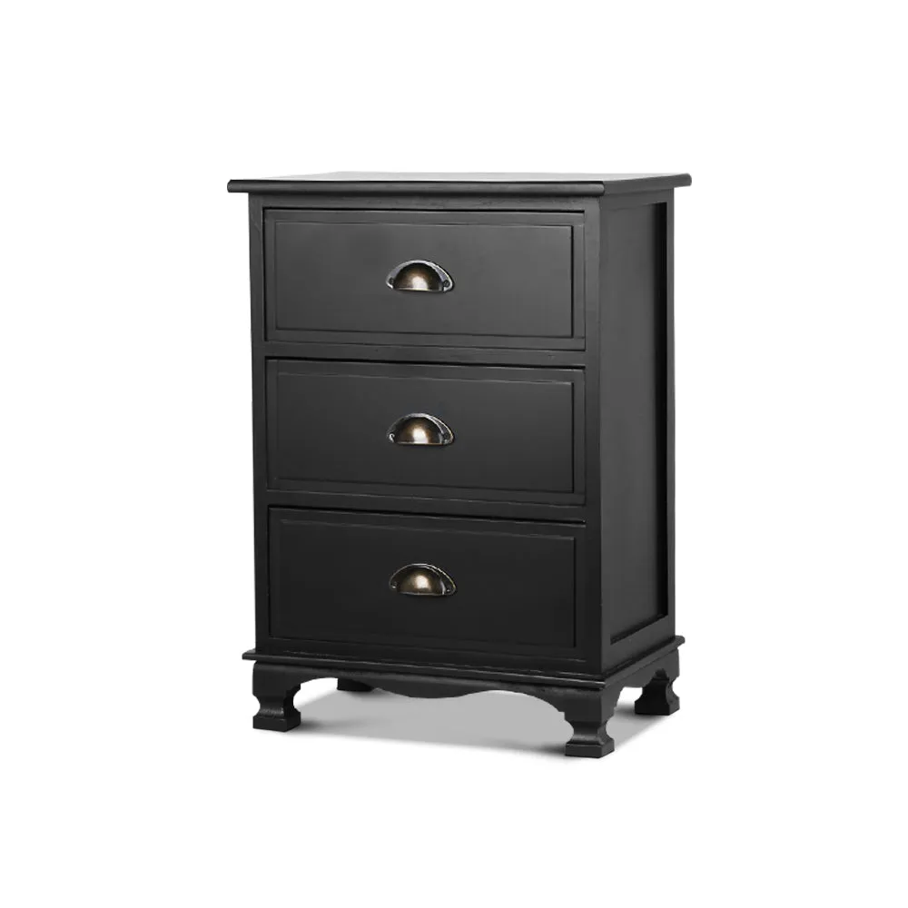 Bedside Table Antique Style Nightstand Side Cabinet Chest Of 3 Drawers Black