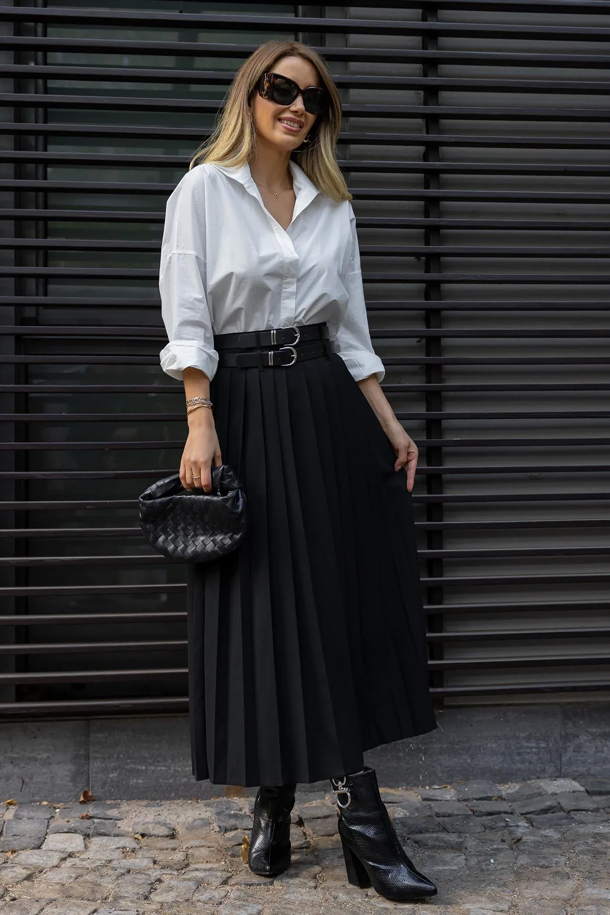 Belted Pleated Skirt - BLACK