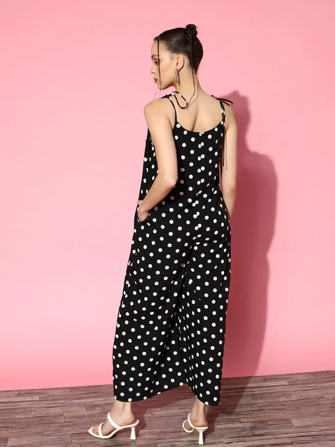 Berrylush Women Black & White Polka Dot Printed Round Neck Tie-Up Straps Two-Pocket Regular Basic Jumpsuit