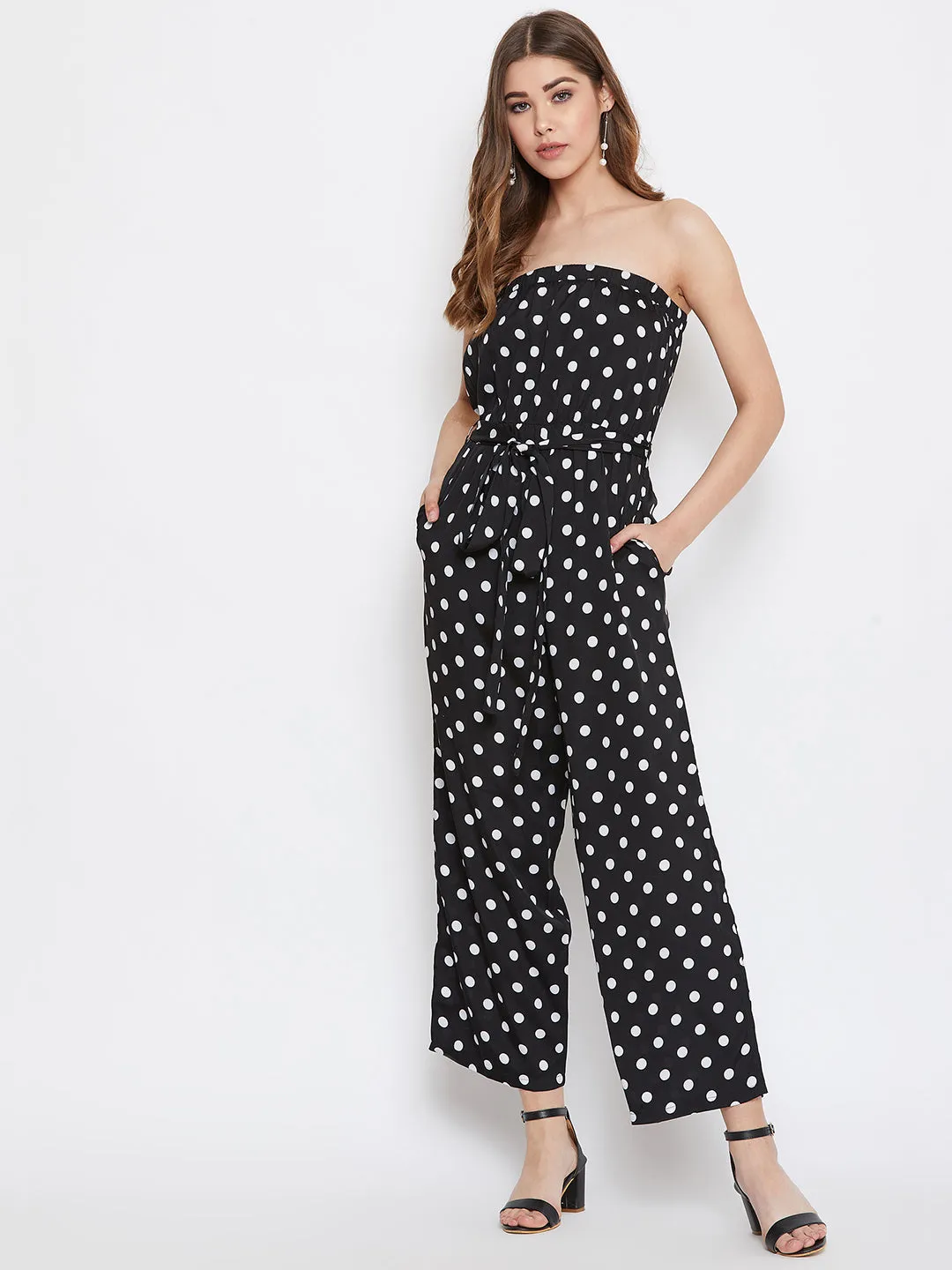 Berrylush Women Black Strapless Off-Shoulder Polka Dot Jumpsuit