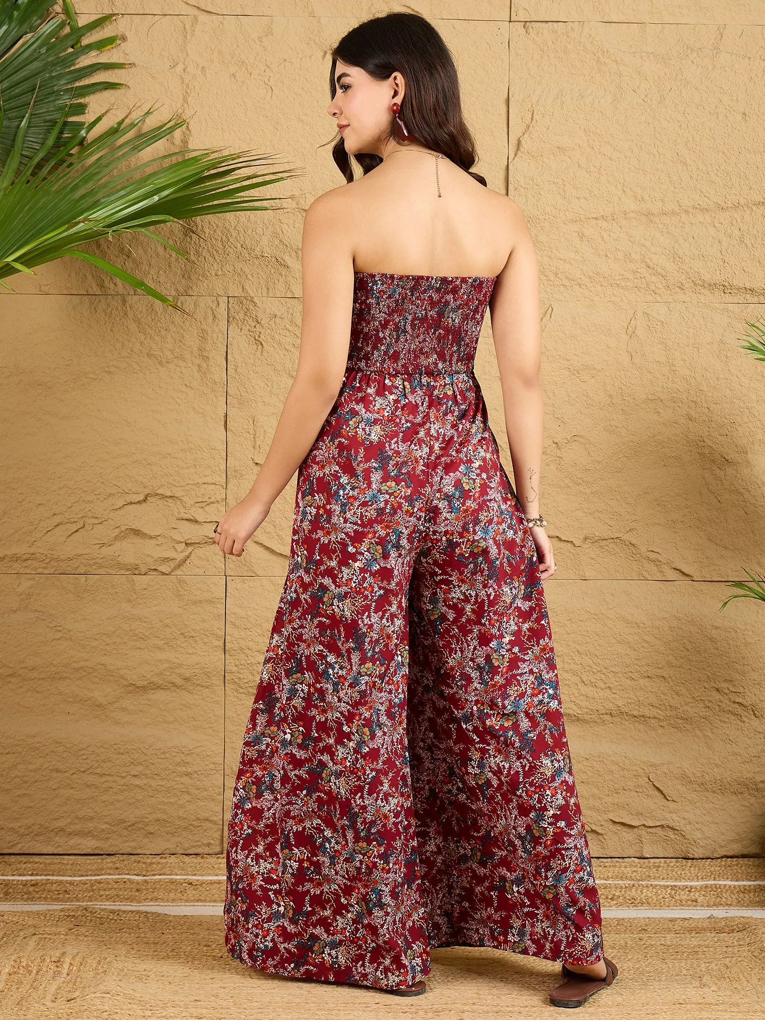 Berrylush Women Maroon & White Floral Printed Strapless Neck Sleeveless Wide-Leg Thigh-High Slit Smocked Maxi Jumpsuit