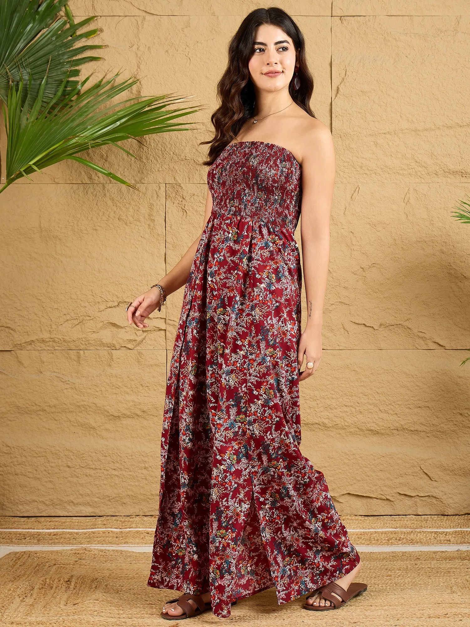 Berrylush Women Maroon & White Floral Printed Strapless Neck Sleeveless Wide-Leg Thigh-High Slit Smocked Maxi Jumpsuit