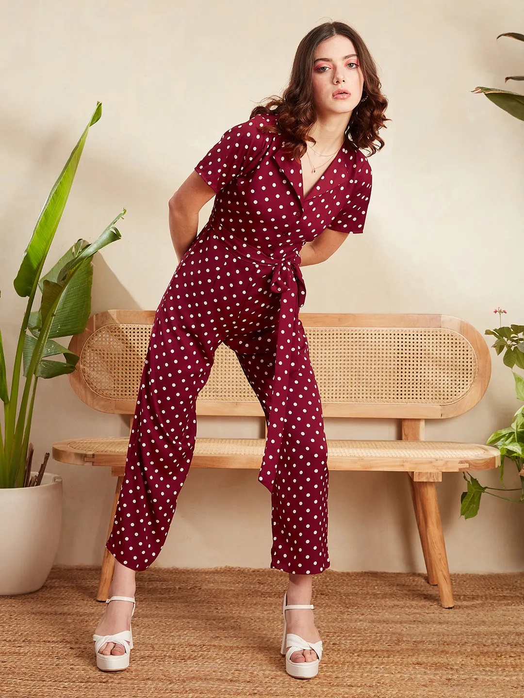 Berrylush Women Red & White Polka Dot Printed Notched Collar Neck Waist Tie-Up Maxi Jumpsuit