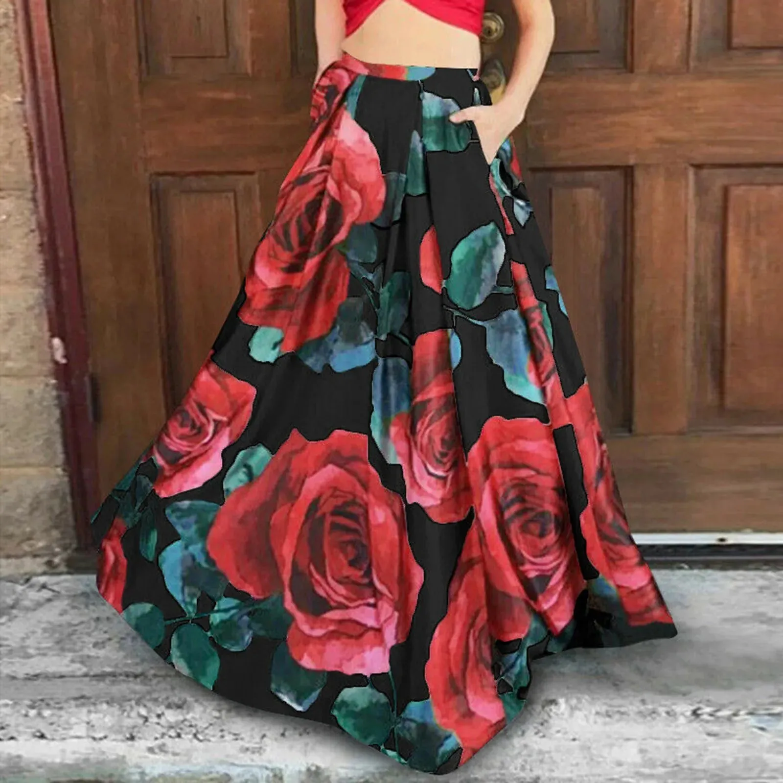 Big Swing Floral Print Summer Long Skirt With Pockets Elastic High Waist Pleated Holiday Boho New Skirt