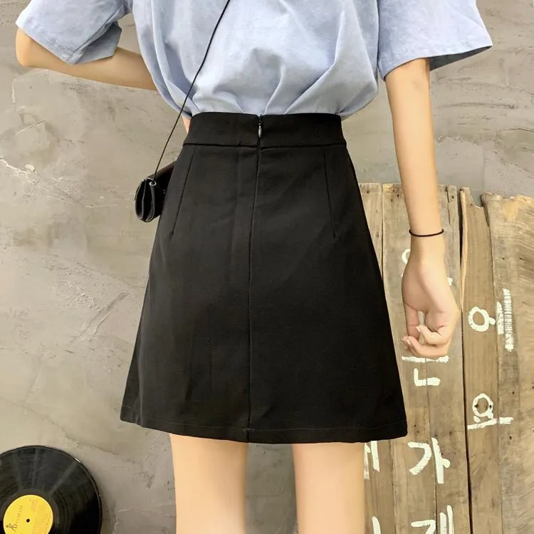 Black Casual Front Buttons Pleated High Waist Skirt