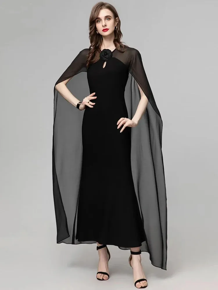 Black Floral Applique Caped Long Dress