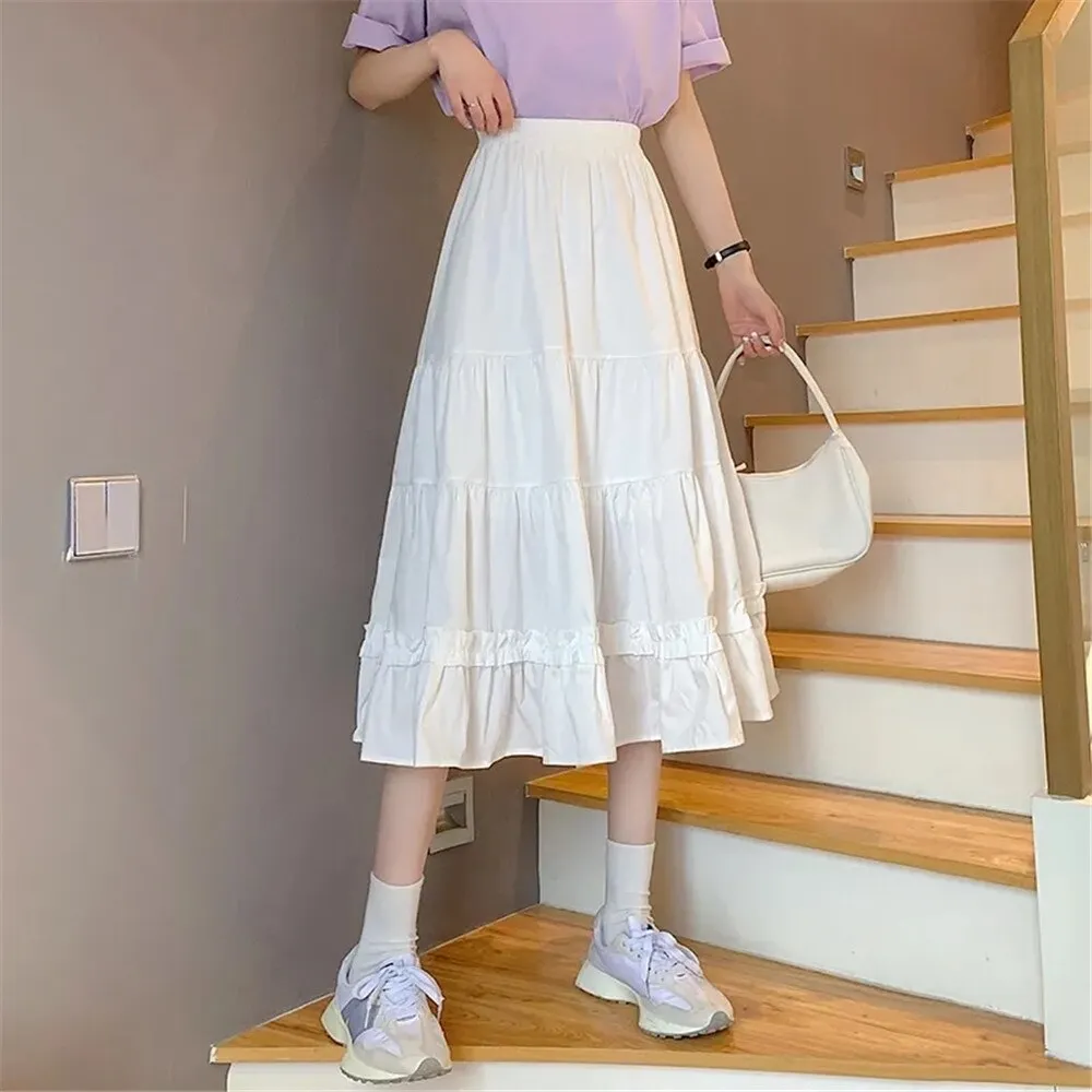 Black Goth Lolita Long Pleated Skirt Women Ruffles Vintage High Waist Harajuku Midi Skirt Summer Korean Patchwork Streetwear