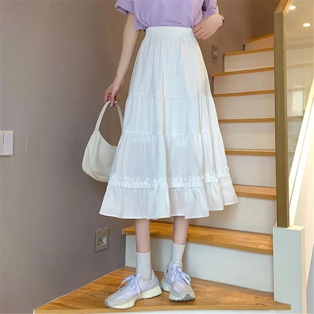 Black Goth Lolita Long Pleated Skirt Women Ruffles Vintage High Waist Harajuku Midi Skirt Summer Korean Patchwork Streetwear