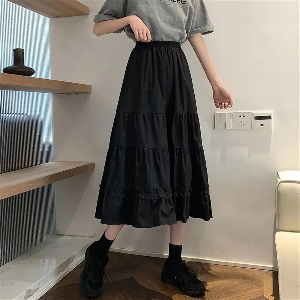 Black Goth Lolita Long Pleated Skirt Women Ruffles Vintage High Waist Harajuku Midi Skirt Summer Korean Patchwork Streetwear