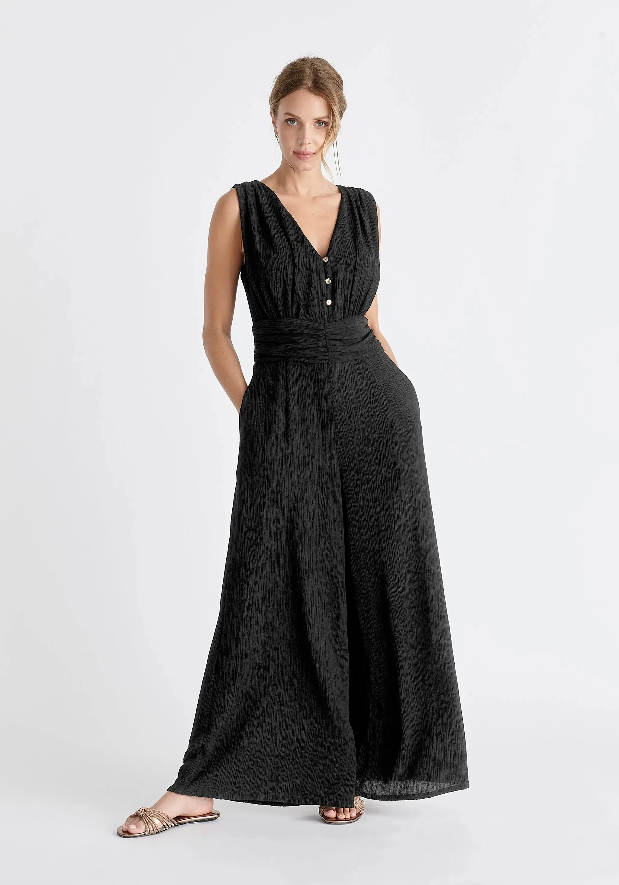 Black Textured Back-Tie Jumpsuit