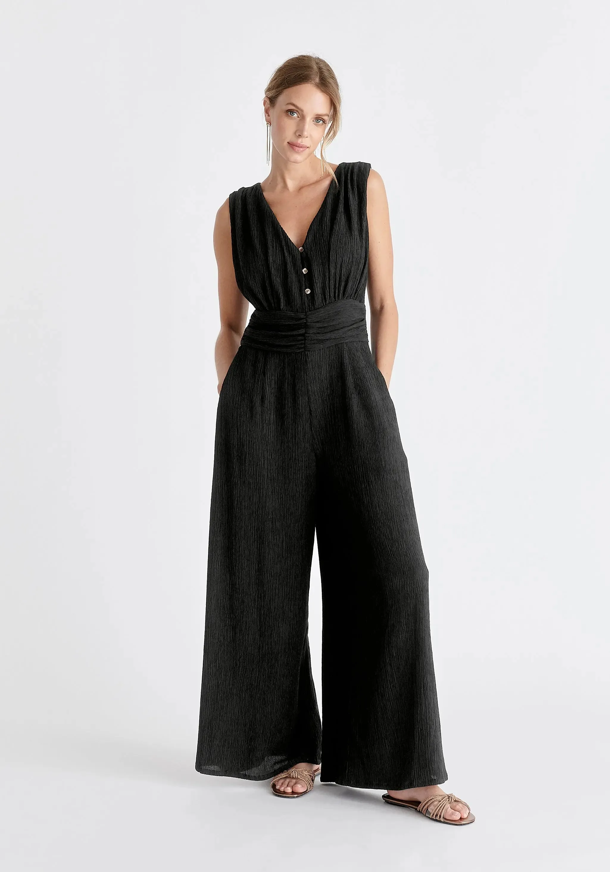 Black Textured Back-Tie Jumpsuit