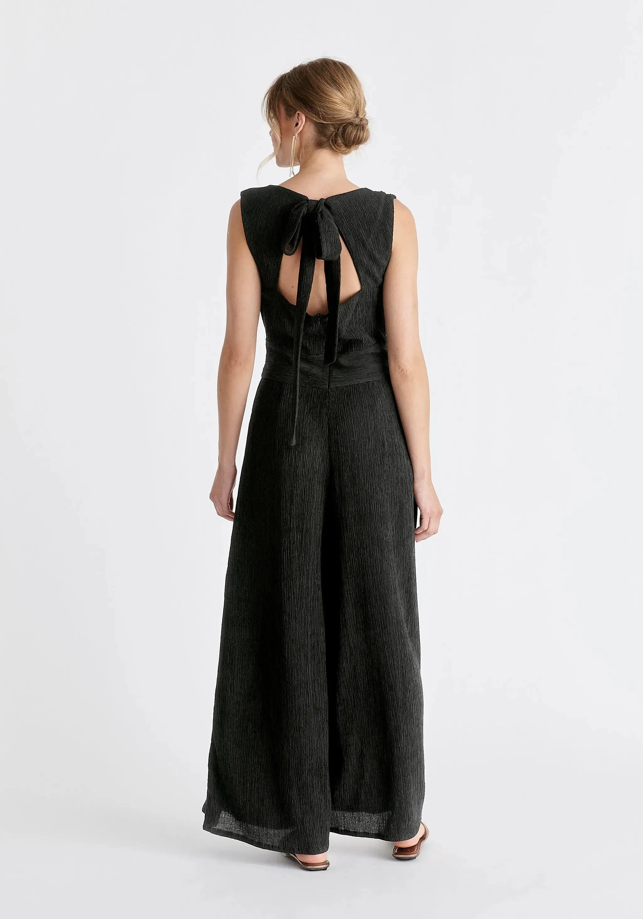 Black Textured Back-Tie Jumpsuit