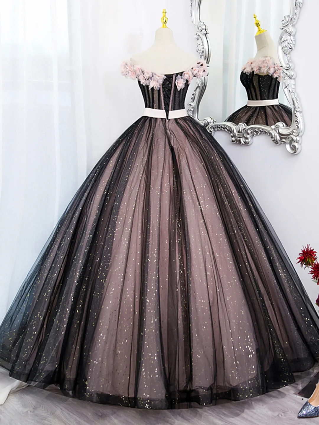 Black Tulle and Pink Flowers Party Dress Black Off Shoulder Sweet 16 Dress