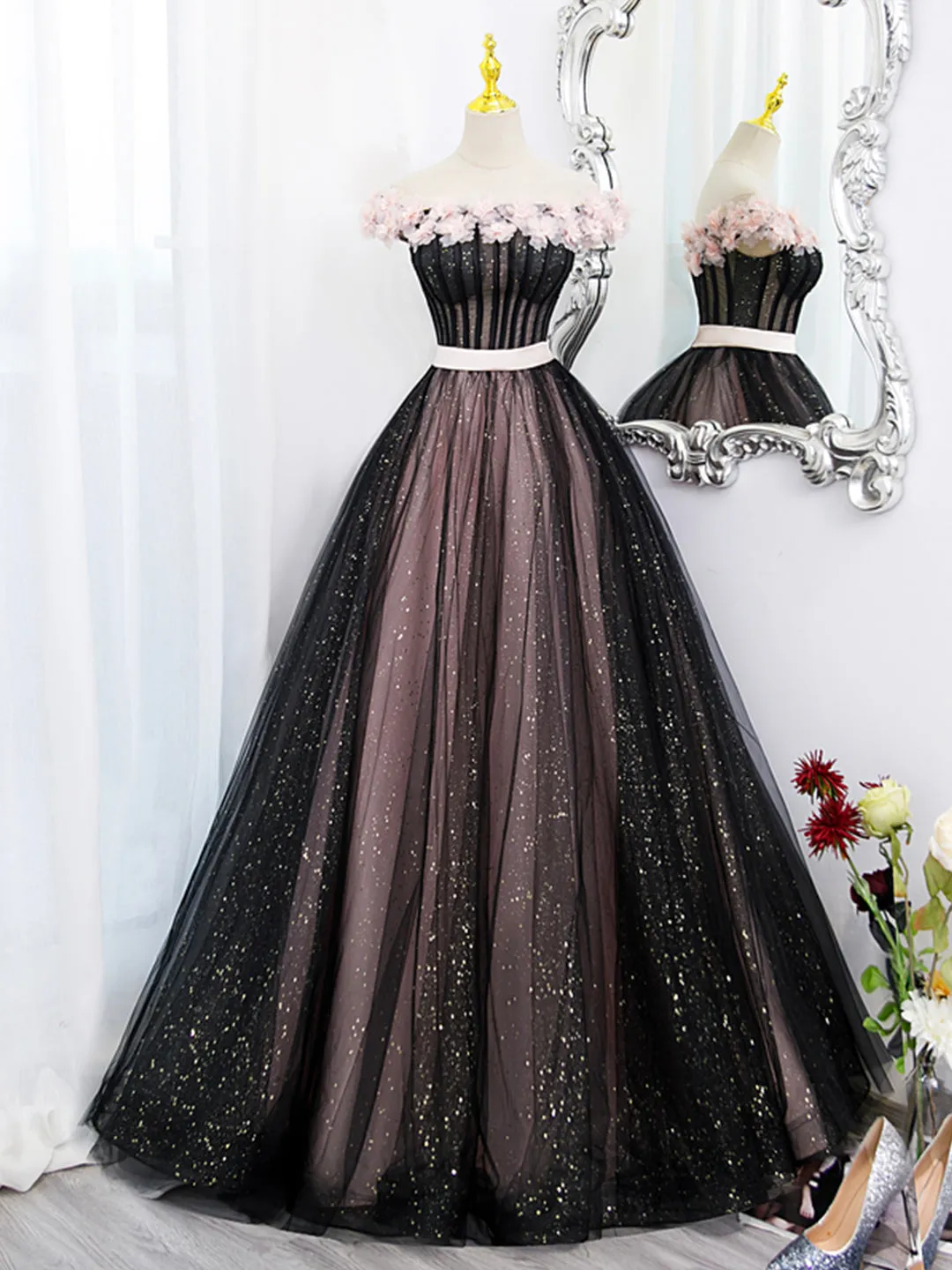 Black Tulle and Pink Flowers Party Dress Black Off Shoulder Sweet 16 Dress