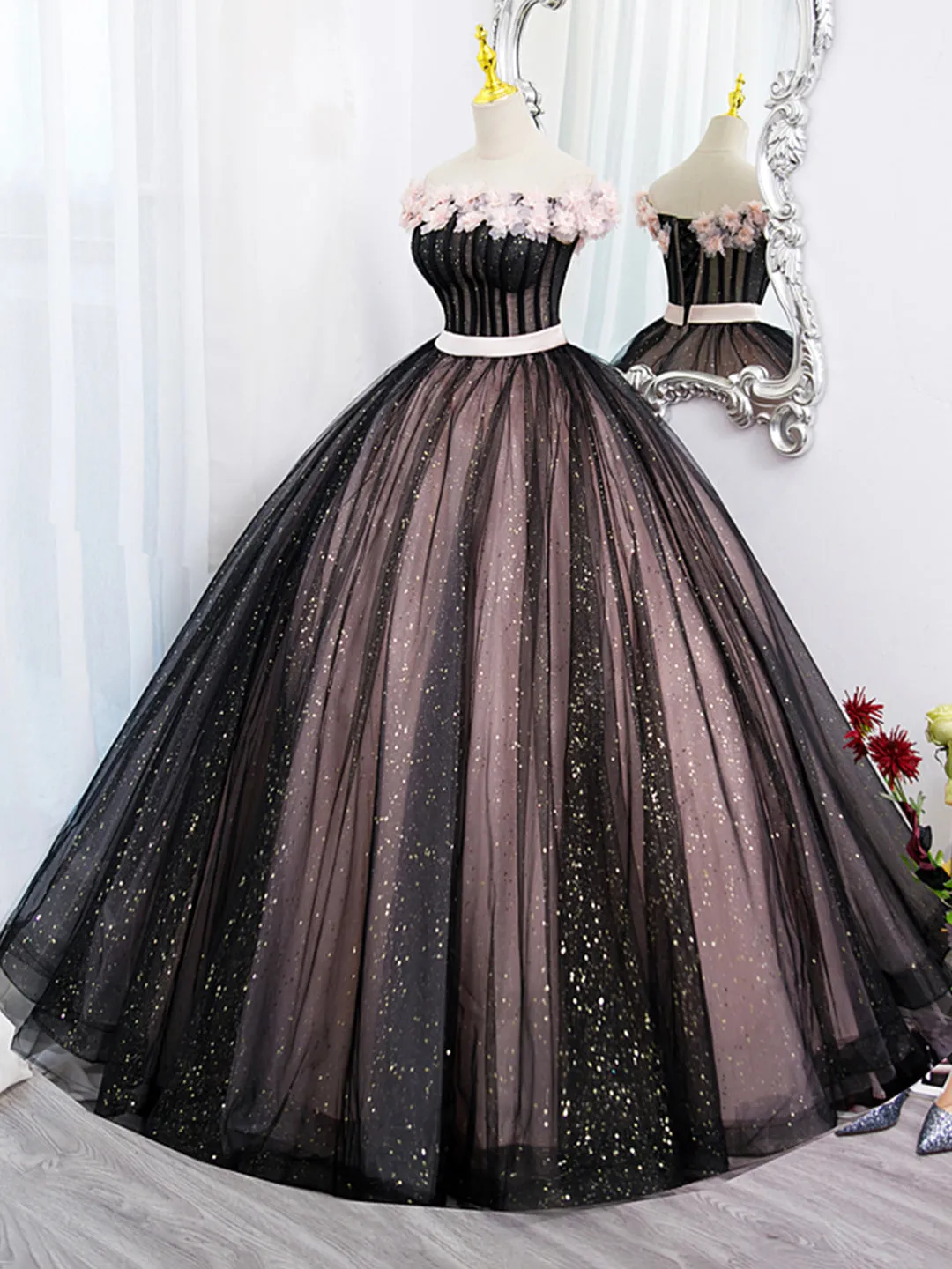 Black Tulle and Pink Flowers Party Dress Black Off Shoulder Sweet 16 Dress