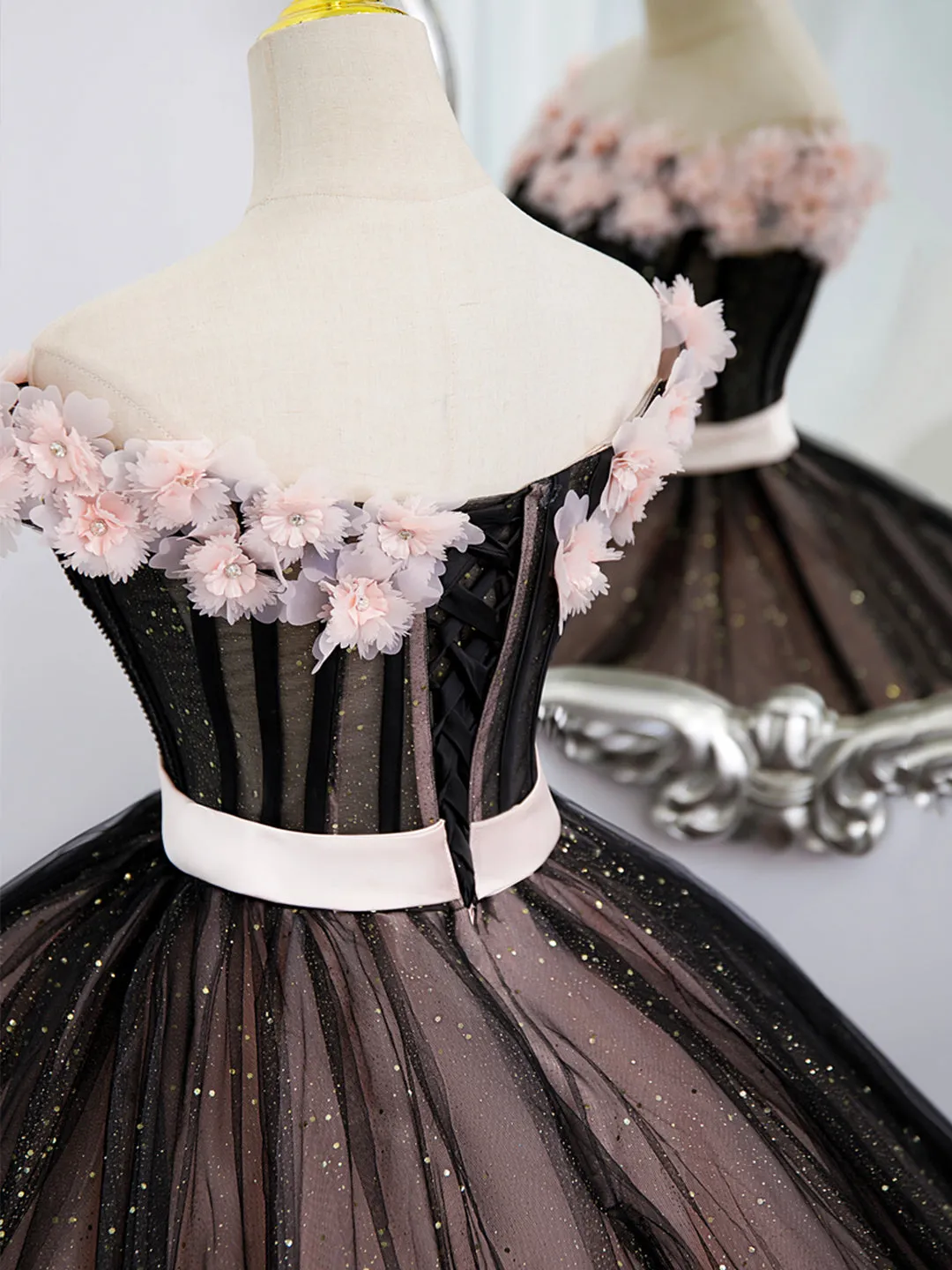 Black Tulle and Pink Flowers Party Dress Black Off Shoulder Sweet 16 Dress