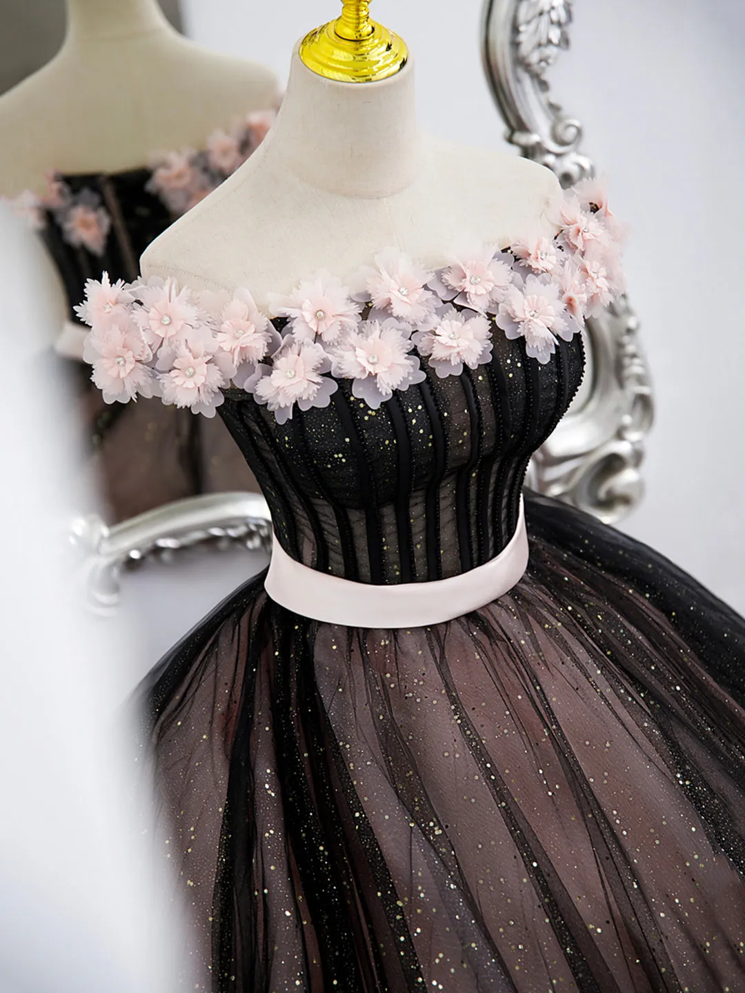 Black Tulle and Pink Flowers Party Dress Black Off Shoulder Sweet 16 Dress