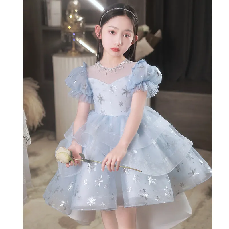 Blue Girl's Dress High-End Affordable Luxury Little Girl's Birthday Party Princess Dress Flower Girl Children's Piano Performance Dress