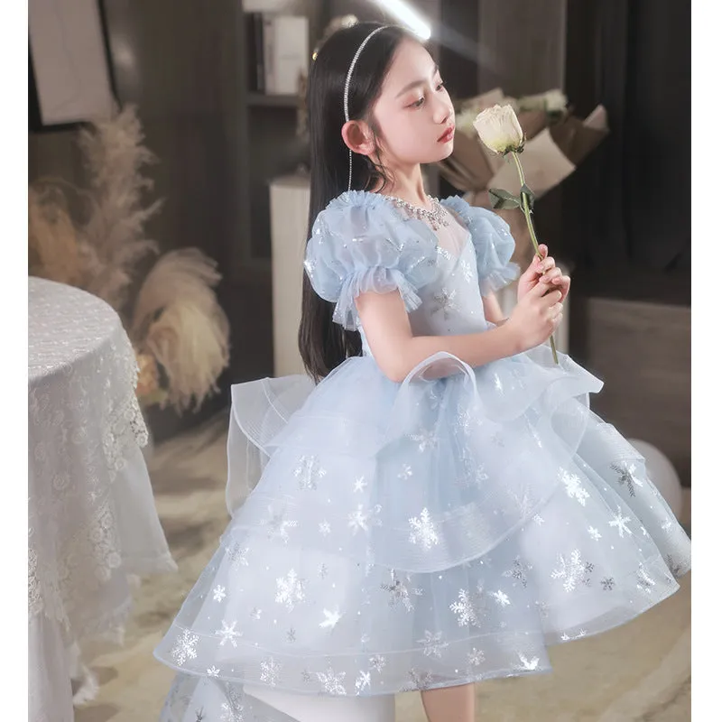 Blue Girl's Dress High-End Affordable Luxury Little Girl's Birthday Party Princess Dress Flower Girl Children's Piano Performance Dress