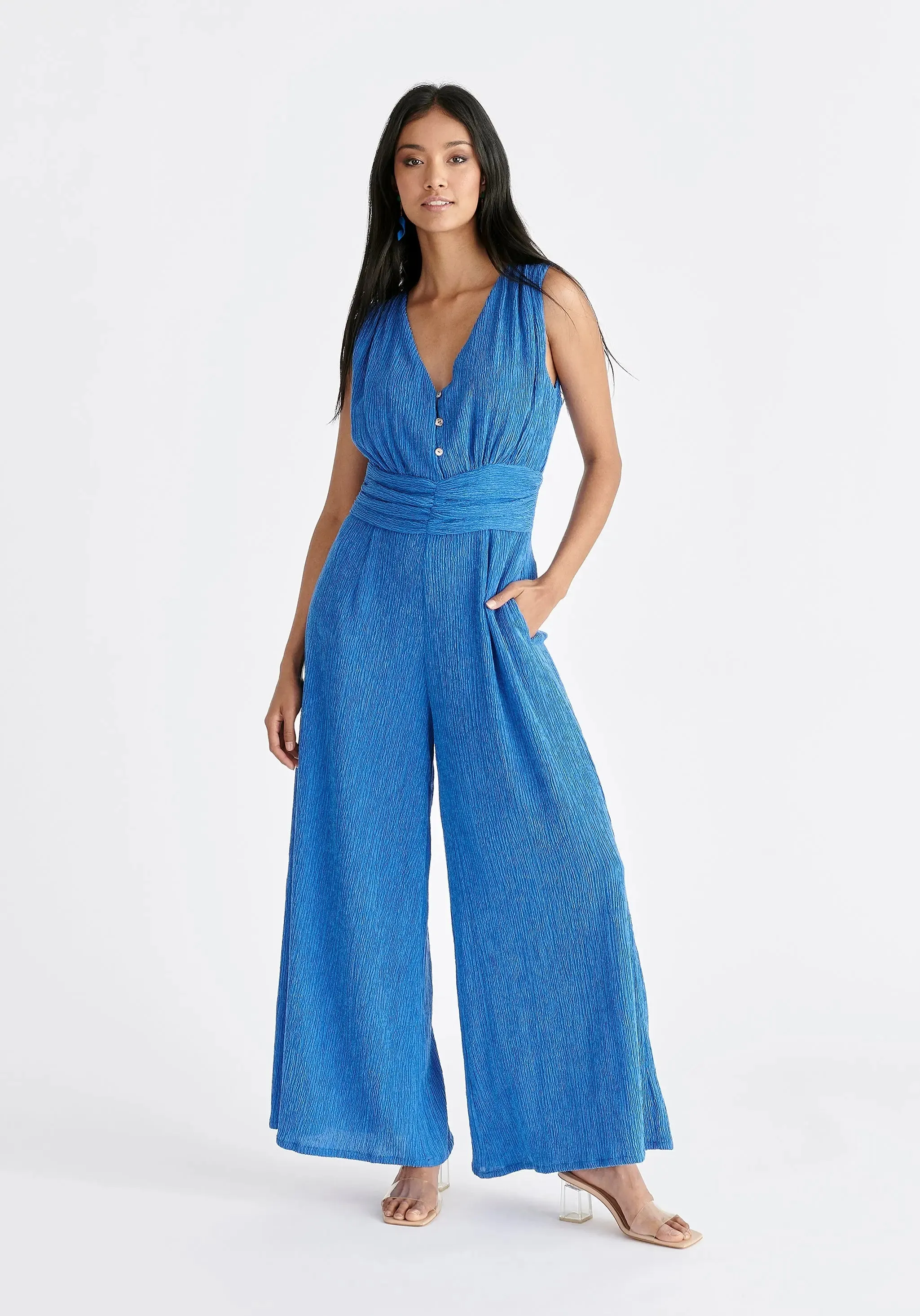 Blue Textured Back-Tie Jumpsuit