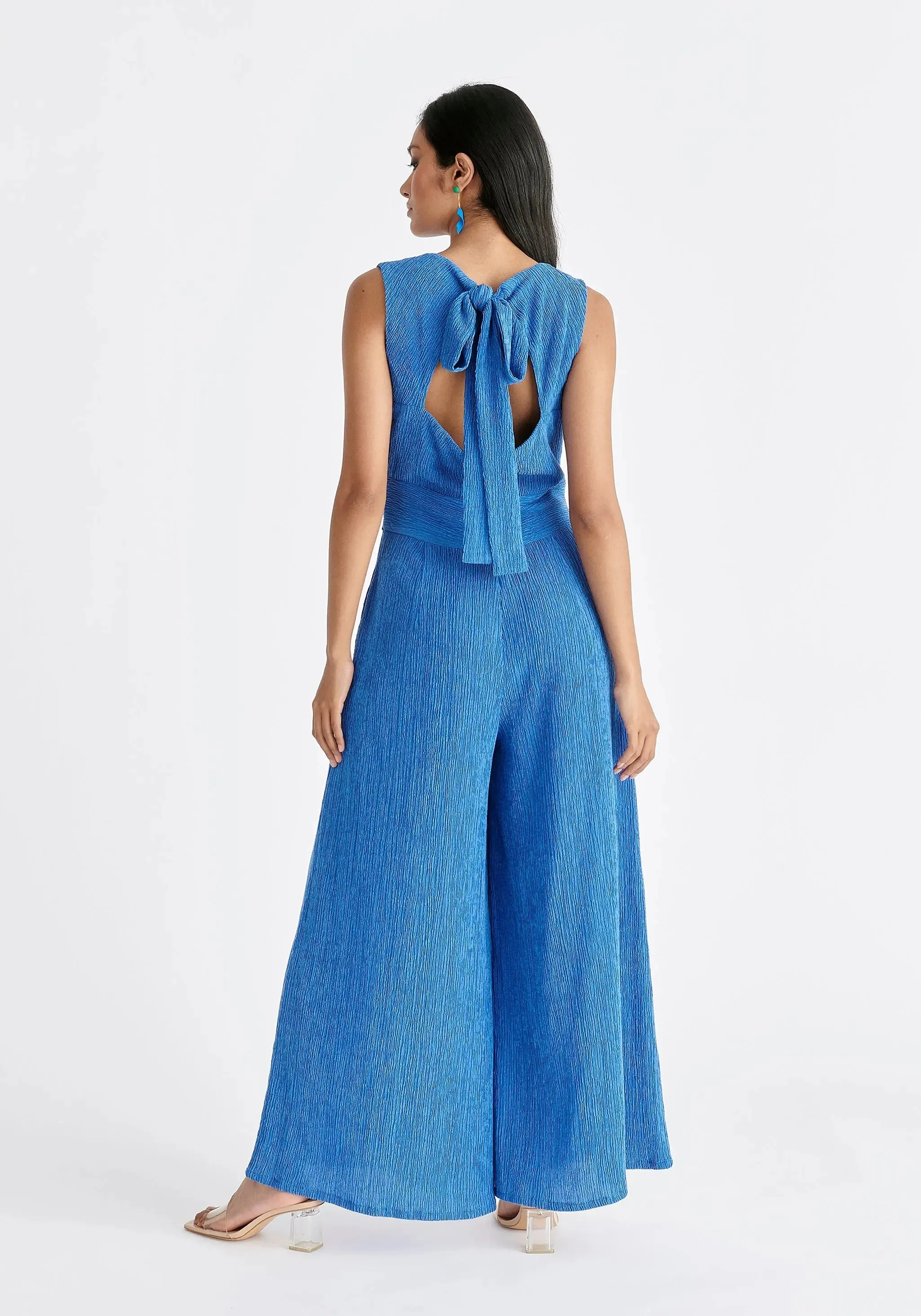 Blue Textured Back-Tie Jumpsuit