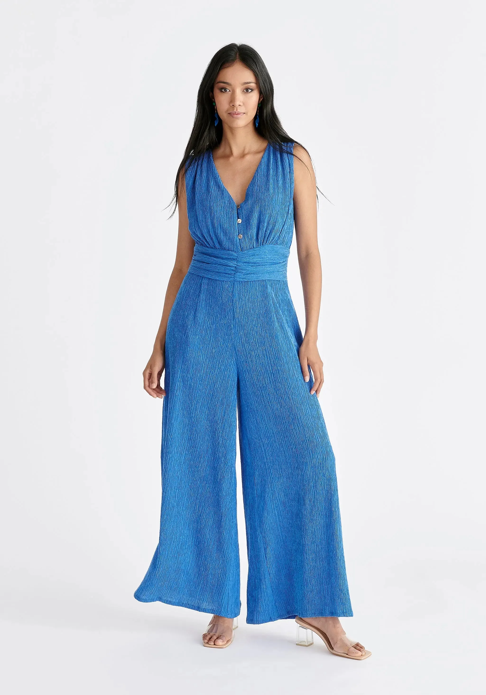 Blue Textured Back-Tie Jumpsuit