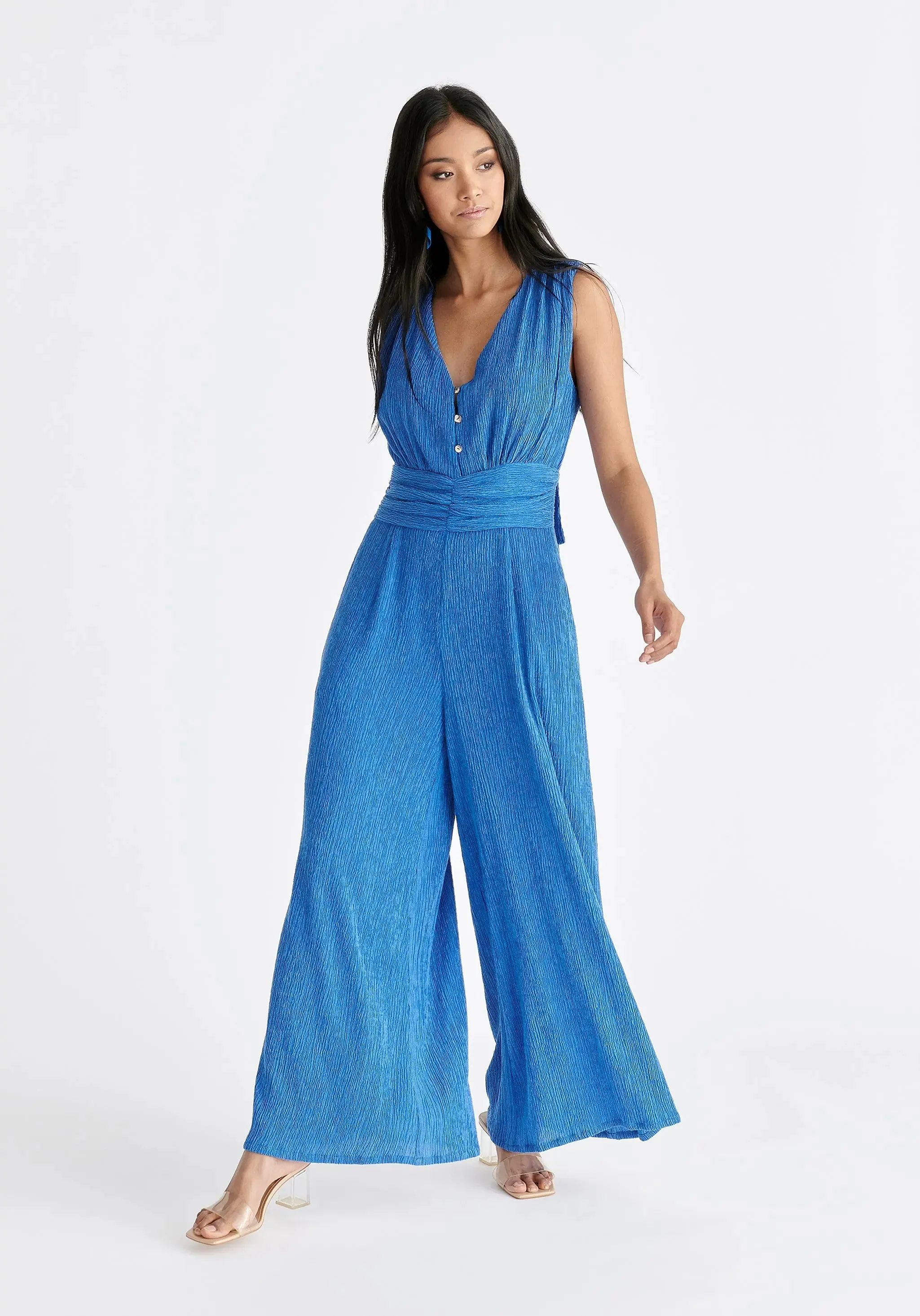 Blue Textured Back-Tie Jumpsuit