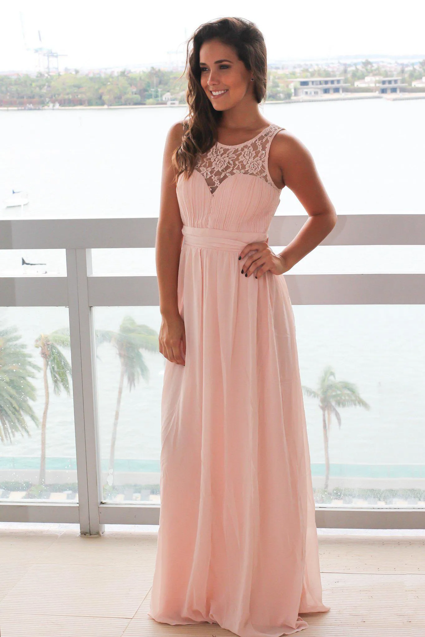 Blush Maxi Dress with Pleated Lace Top