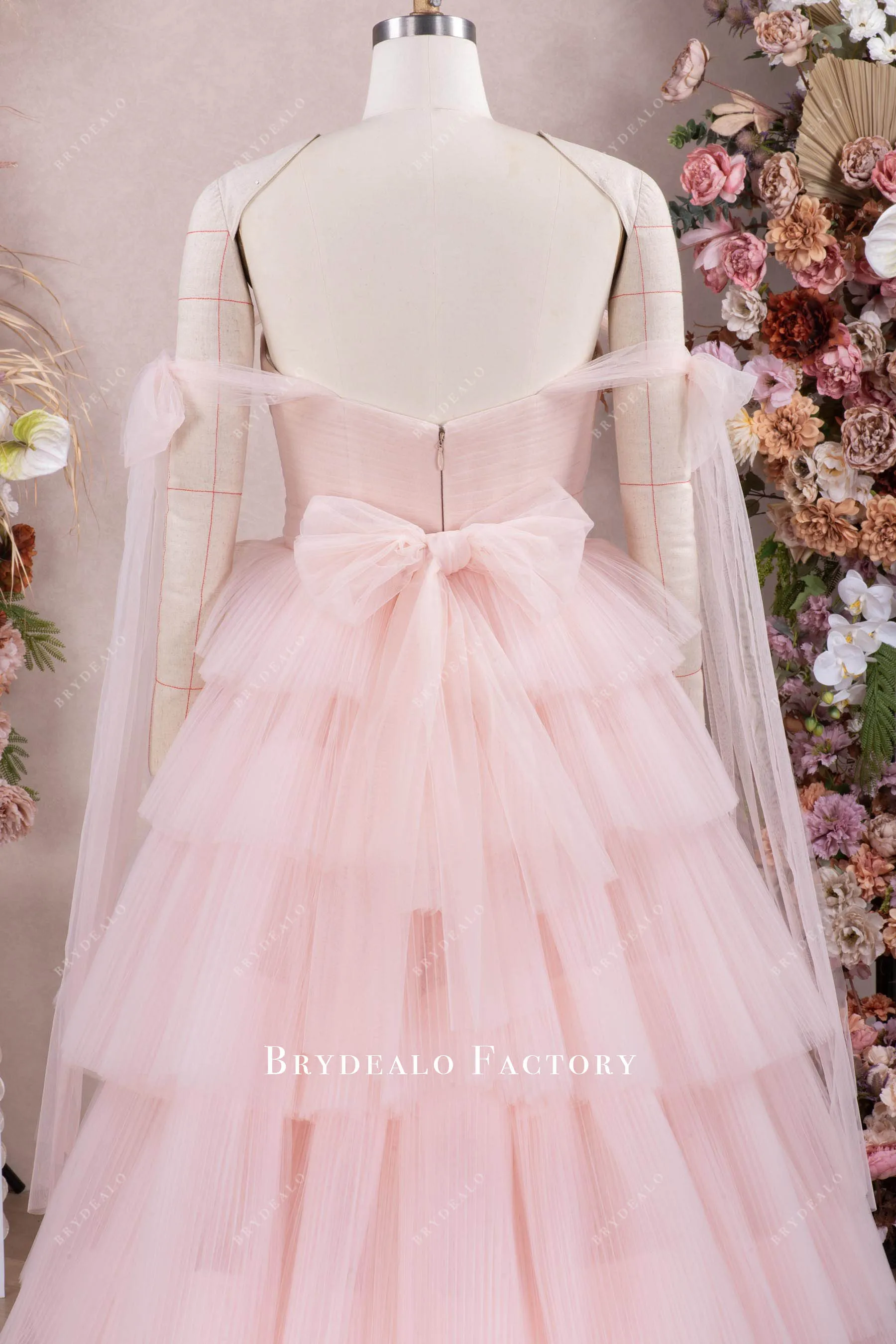 Blushing Pink Off Shoulder Tiered Tulle Wedding Gown