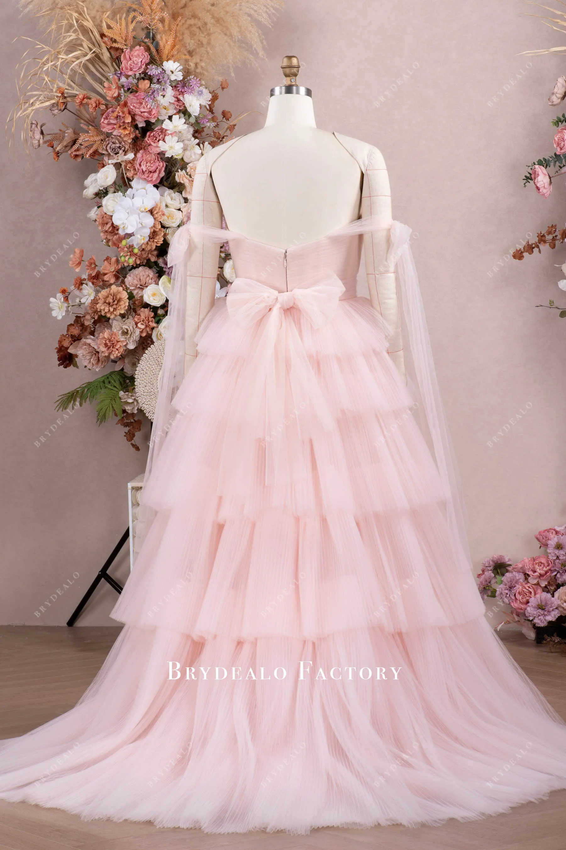 Blushing Pink Off Shoulder Tiered Tulle Wedding Gown