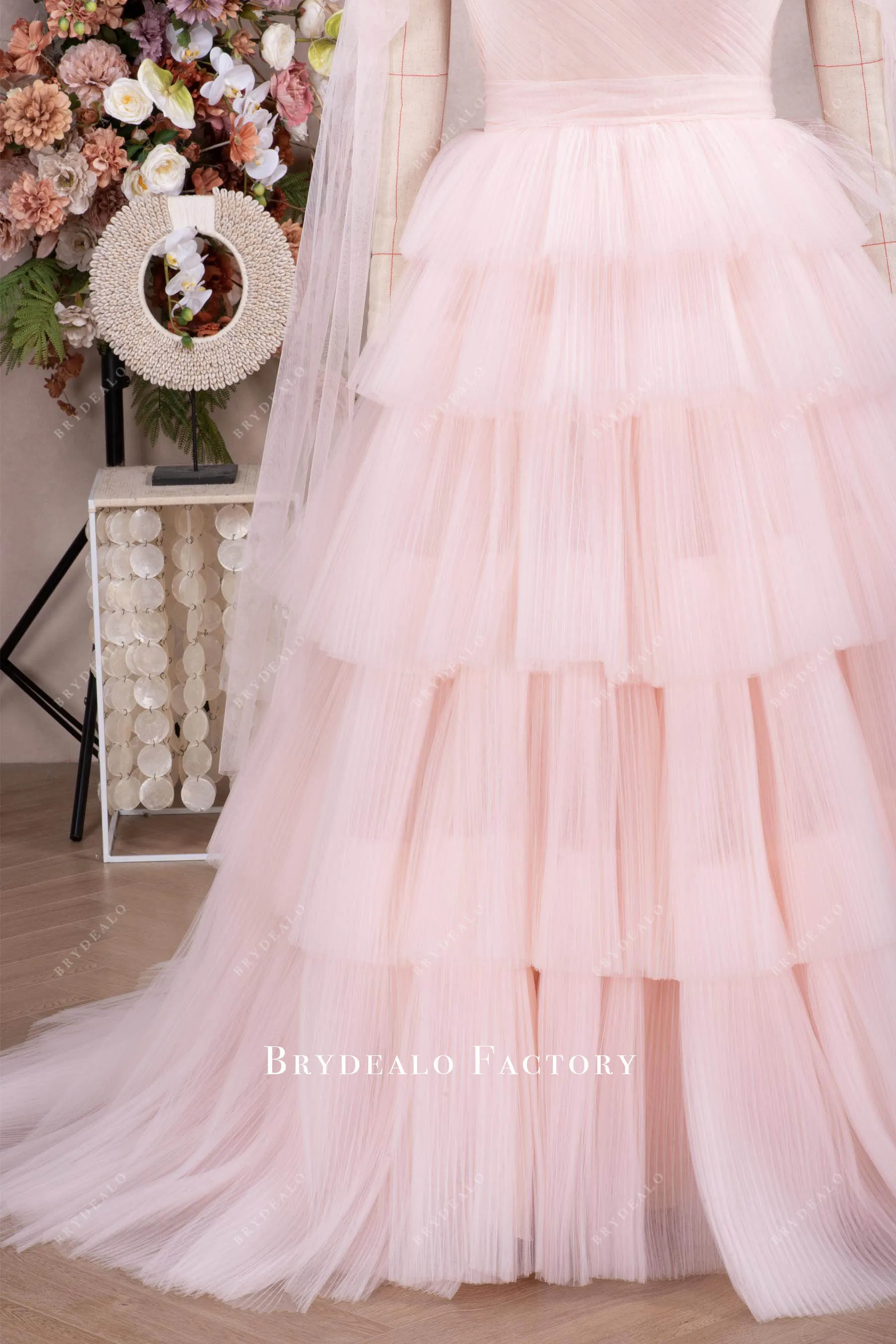 Blushing Pink Off Shoulder Tiered Tulle Wedding Gown