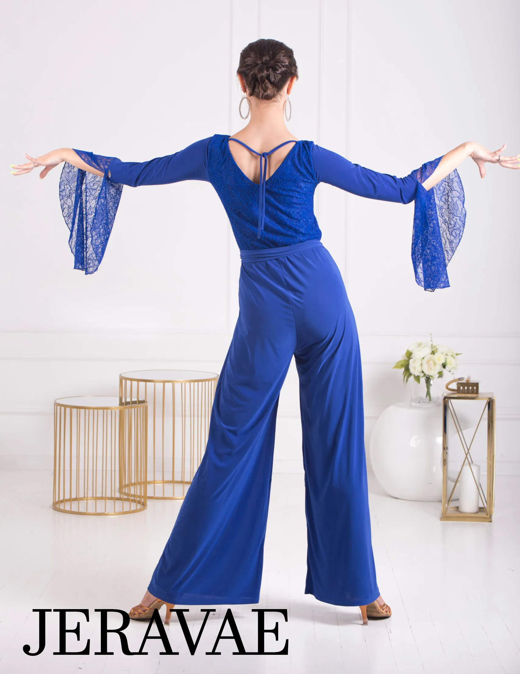 Body Positive Senga Dancewear BLUET Jumpsuit with Wide Legs, Lace Sleeves, and Belt with Elegant Buckle Sizes XL-4XL PRA 1069 in Stock