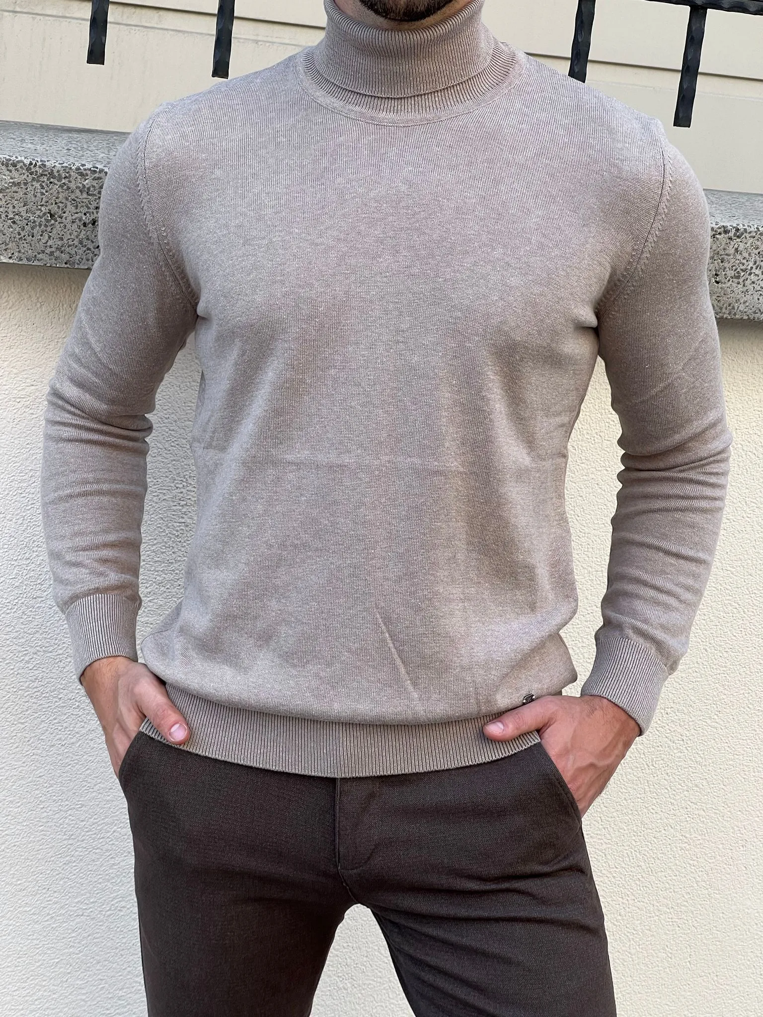 Bojoni Astoria Slim Fit Beige Turtleneck Sweater