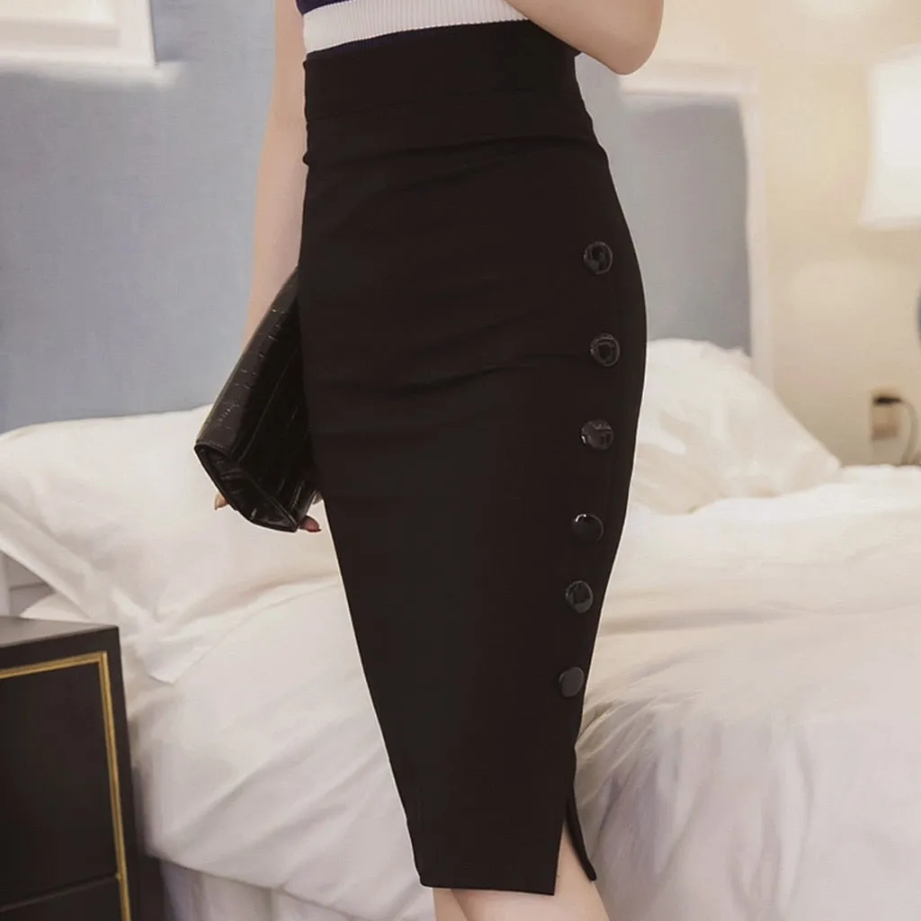 Button Pencil High Waisted Knee Length Skirt