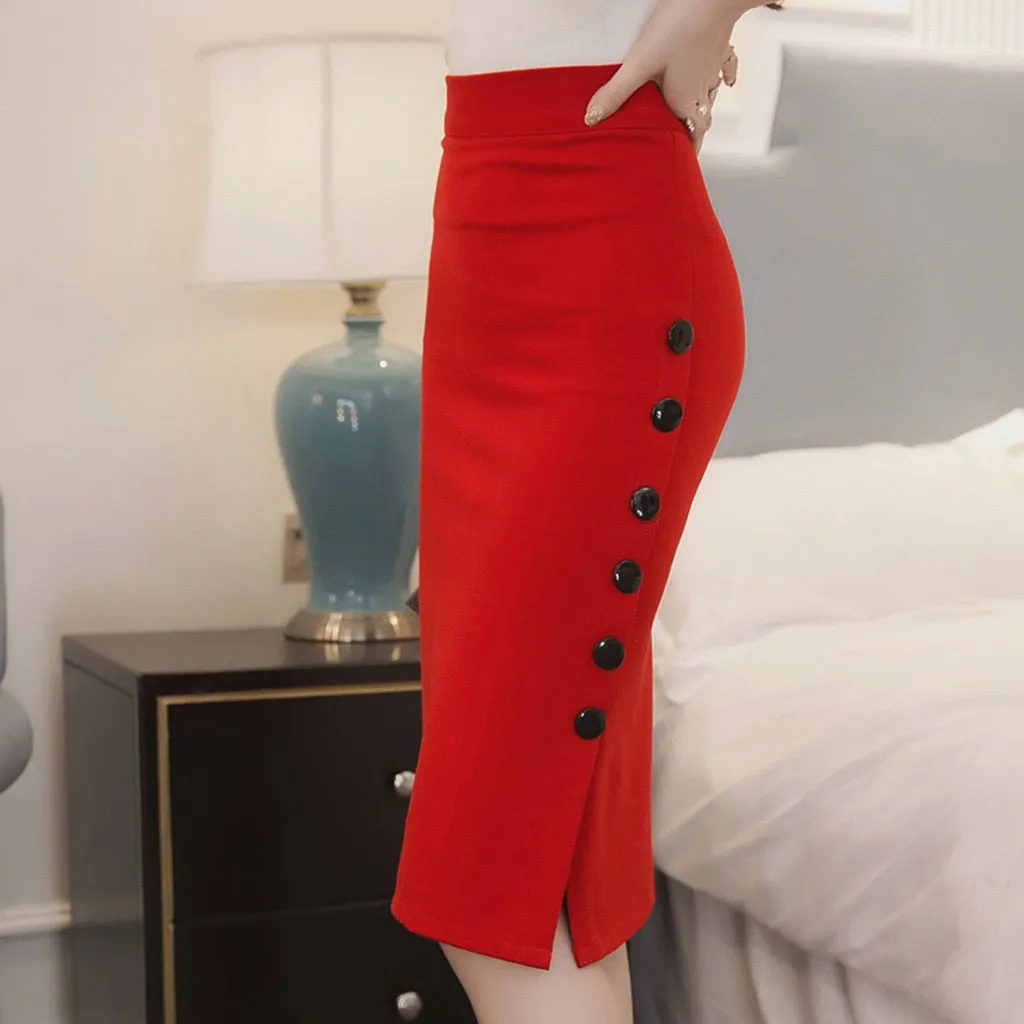 Button Pencil High Waisted Knee Length Skirt