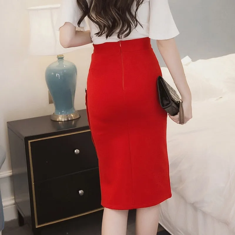 Button Pencil High Waisted Knee Length Skirt